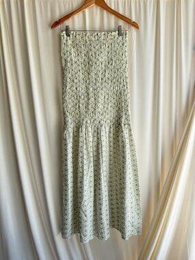 Lisa Says Gah Green Floral Smocked Strapless Midi Dress Size Small